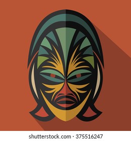 African Ethnic Tribal mask in color background. Flat icon. Ritual symbol.