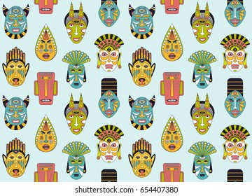 African ethnic tribal masks seamless pattern in flat style. Vector background of ritual masks.