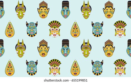 African ethnic tribal masks seamless pattern in flat style. Vector background of ritual masks.