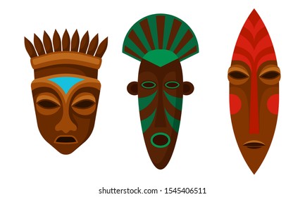 African Ethnic Tribal Masks Vector Set On White Background
