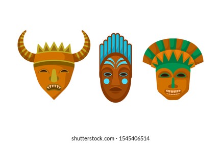 African Ethnic Tribal Masks Vector Set On White Background