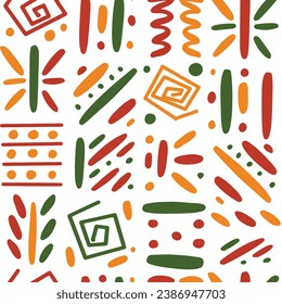 African ethnic tribal seamless pattern background. Vector red, yellow, green abstract symbols, square repeat lines backdrop for Black History Month, Juneteenth, Kwanzaa print, banner, wallpaper