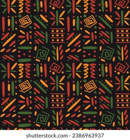 African ethnic tribal seamless pattern background. Vector red, yellow, green abstract symbols, square repeat lines backdrop for Black History Month, Juneteenth, Kwanzaa print, banner, wallpaper