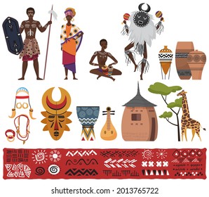 African ethnic tribe people, tribal elements culture, travel to South Africa set vector illustration. Cartoon African native pattern, characters in traditional dress costume, totem isolated on white