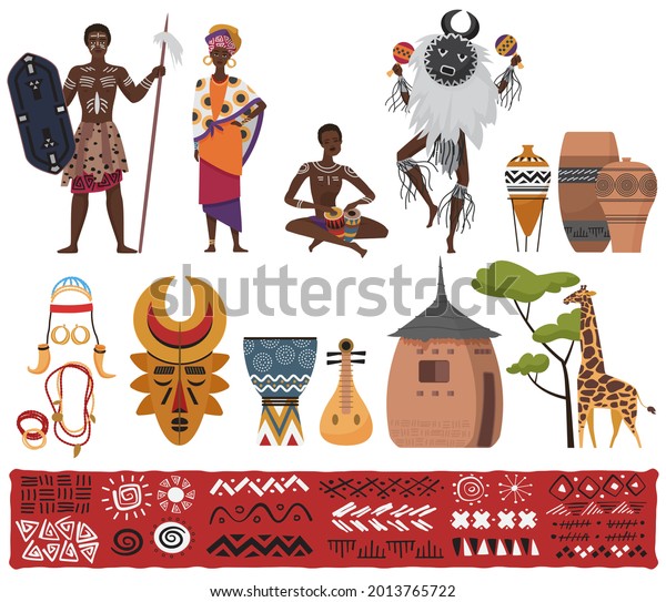 African ethnic tribe people, tribal elements\
culture, travel to South Africa set vector illustration. Cartoon\
African native pattern, characters in traditional dress costume,\
totem isolated on\
white