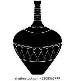 African ethnic vase with a high neck silhouette. African, American, tribal, aztec style. Black vector hand drawn illustration isolated on white. Simple flat style