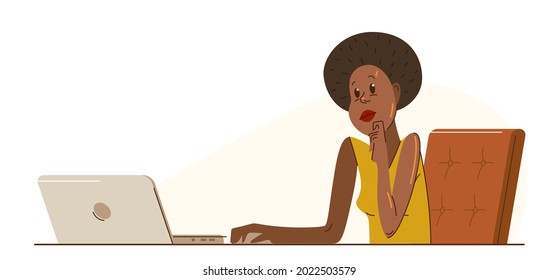 African ethnicity girl office worker pensive concentrated on her work vector flat illustration isolated, serious attentive worker seriously thinking on a project, comfortable workplace.