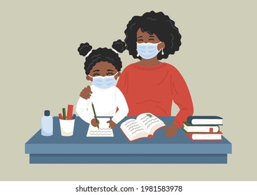 African Ethnicity School Child With Teacher Wearing In Medical Masks To Prevent Coronavirus Disease. Cute Girl Writes On The Paper At The Desk.