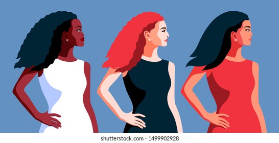 African, European and Asian girls. Three female portraits, side view. Vector illustration