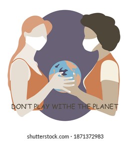 African and European girls in medical masks hold the planet in their hands like a ball. People turn to caring for the environment Poor air quality. Environmental concern concept. Coronovirus.