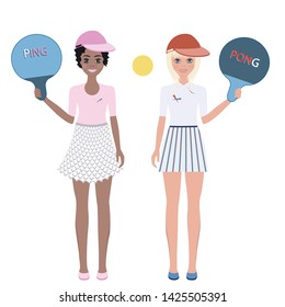 African and European girls, teenagers, funny, with ping - pong rackets - vector. Summer time. Sport. Vacation.
