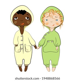 African and European kids. Little friends hold hands. Cute baby in overalls with hood. Cartoon style. Vector illustration.