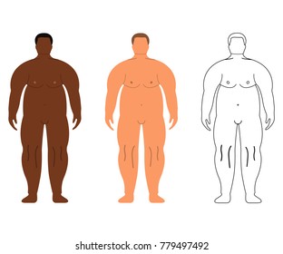 African and European Men. Cartoon, Outline style. Human front side Silhouette. Isolated on White Background. Vector illustration.