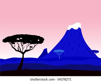 African exotic background with volcano crater and acacia tree silhouette. Dark blue african background. Volcano crater, trees silhouette and pink tranquil sky behind