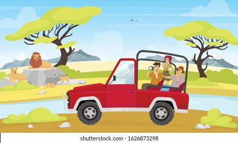 African expedition flat vector illustration. Savannah with river. Tourist group in car photograph lion family. Woman and man photograph creatures. Animals and people cartoon characters