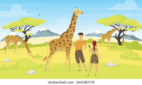 African expedition flat vector illustration. Giraffes in savannah. Woman and man tourist observe south creatures. Green savanna field with trees. Animals and people cartoon characters