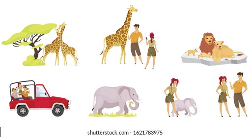 African expedition flat vector illustrations set. Pair of giraffes near tree. Tourist group in car. Woman and man observe elephants. Lion family. People and animal isolated cartoon characters