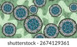 African fabric pattern, beautiful African style fabric, abstract blue circle floral pattern, blue green. Bohemian design, abstract water flow. Colorful African fashion. Bohemian pattern.