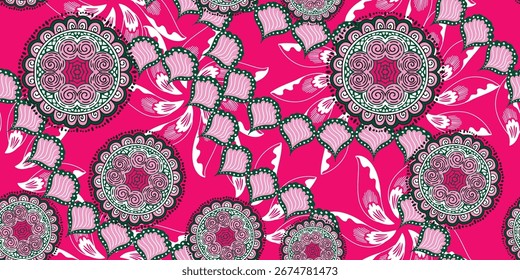 African fabric pattern, bright pink African fabric pattern, abstract floral circle, beautiful seamless, india fabric style, Chitenge fabric made from Dutch wax, Chain shell motif, Ankara floral pink.