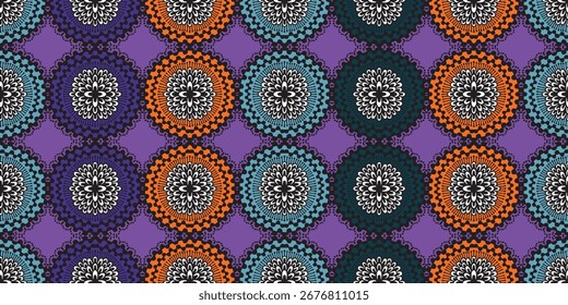 Patrón de tela africana, diseño africano púrpura y naranja, círculo floral, estilo de tela sin costuras bohemio, tela Chitenge hecha de cera holandesa, motivo de flores, hermoso círculo floral púrpura de Ankara.