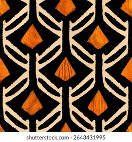 African fabric pattern with white lines and orange diamond shapes on a black background. grunge lines ikat pattern, ikat seamless pattern, Vector illustration background for print the paper.