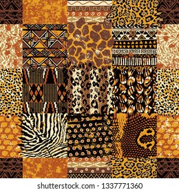 African fabric and wild animal skins  patchwork abstract vector seamless pattern background
