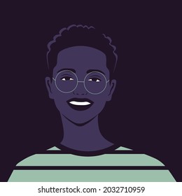 An African teenager’s face. An avatar of a happy student. A non-binary person. LGBTQ. Vector flat illustration