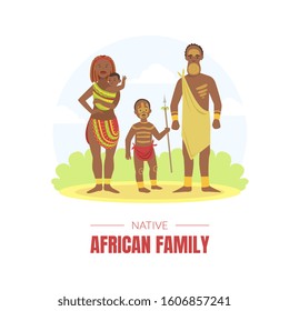 African Family Banner Template, Young Man, Woman and Kids in Traditional National Clothes Vector illustration