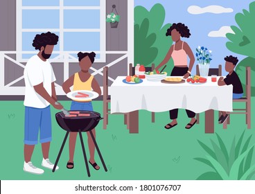 African Family Barbeque Flat Color Vector Illustration. Quality Time Together While Preparing BBQ. Holiday Recreation In House Yard. African American 2D Cartoon Characters With Landscape On Background