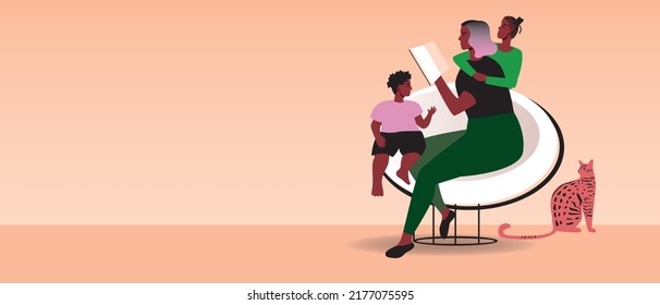 African family with children reads book or studies juneteenth holiday history, flat desktop illustration, copy space template with space for text