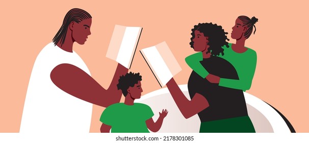 African Family With Children Reads Book Or Studies Juneteenth Holiday History, Flat Desktop Illustration For Jubilee Day