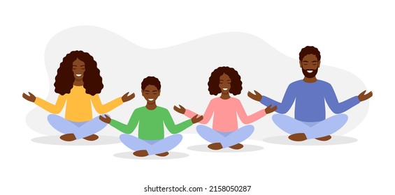 An African family in colorful casual clothes meditates together in the lotus position. Vector illustration in flat style