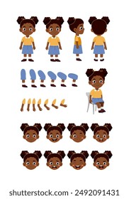 African family constructor set. Girl in casual clothes sits at chair. Pack of legs, arms and heads. Design elements for creating animations. Flat vector collection isolated on white background