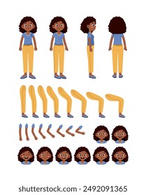 Conjunto constructor de familia africana. Mujer con ropa casual. Paquete de piernas, brazos y cabezas. Elementos de diseño para crear animaciones. Colección de Vector plana aislada sobre fondo blanco