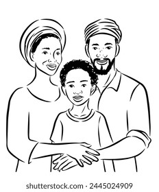 African family containing father, mother and a son. Family portrait style illustration. Linear illustration with white background.