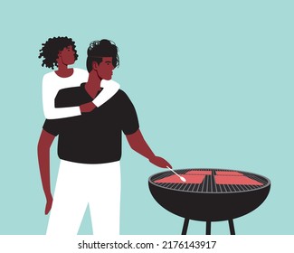 African family and cookouts as Juneteenth celebrations, copy space template or flat vector stock illustration, parent with child cooking on grill