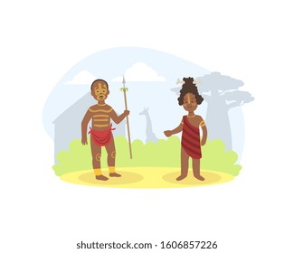 African Family Couple, Young Man and Woman in Traditional National Clothes Vector illustration