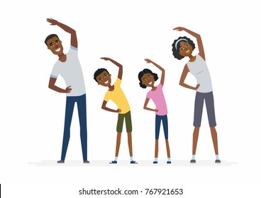 African family doing exercises- cartoon people characters isolated illustration