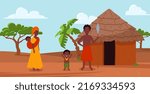 African family in front of village hut with thatched roof, flat vector illustration. Banner background of African ethnic traditional village with people.