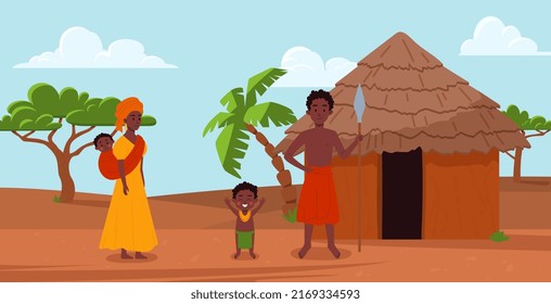 African family in front of village hut with thatched roof, flat vector illustration. Banner background of African ethnic traditional village with people.