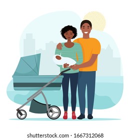 African family holding little baby. Mother, father and their newborn, baby carriage, family photo. Family on a walk. Cute vector illustration in flat style