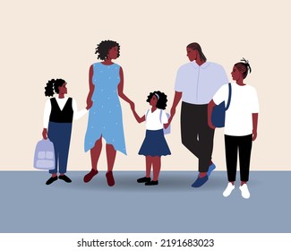 African family with parents and school-age children, flat vector stock illustration with school preparation