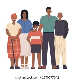 African family portrait. Grandparents, parents and children. Black family in flat cartoon illustration