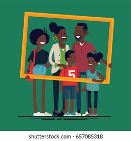 African family portrait. Vector flat character design on african american family holding large golden frame. African american parents with two preschool boy and girl kids and teenager girl