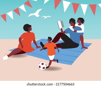 African Family Together As Juneteenth Celebrations, Flat Vector Stock Illustration With Holidays With Children, Picnic On The Beach