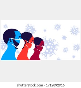 African family wearing disposable medical masks. Coronavirus protection and prevention. Self-isolation and quarantine cartoon vector illustration. Protect yourself from virus infection concept