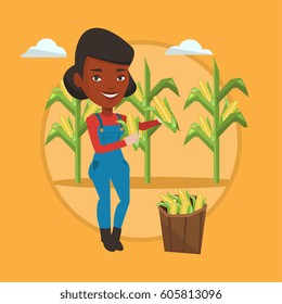 African farmer holding a corn cob on the background of corn field. Farmer collecting corn. Farmer standing near basket with corn. Vector flat design illustration in the circle isolated on background.