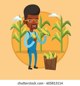 African farmer holding a corn cob on the background of corn field. Farmer collecting corn. Farmer standing near basket with corn. Vector flat design illustration in the circle isolated on background.