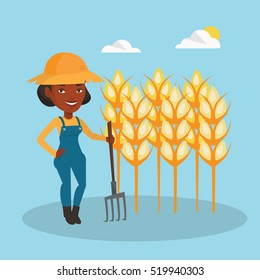 An african farmer in summer hat standing with pitchfork on the background of wheat field. Farmer holding agricultural tool and working in wheat field. Vector flat design illustration. Square layout.