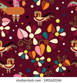 African fashion with chicken and flower geometric shape doodle seamless pattern , picture art and abstract background for Fabric Print, cartoon vector illustration.